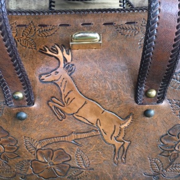 Vintage Leather Tooled Purse/Bag with Handles - Picture 3 of 8